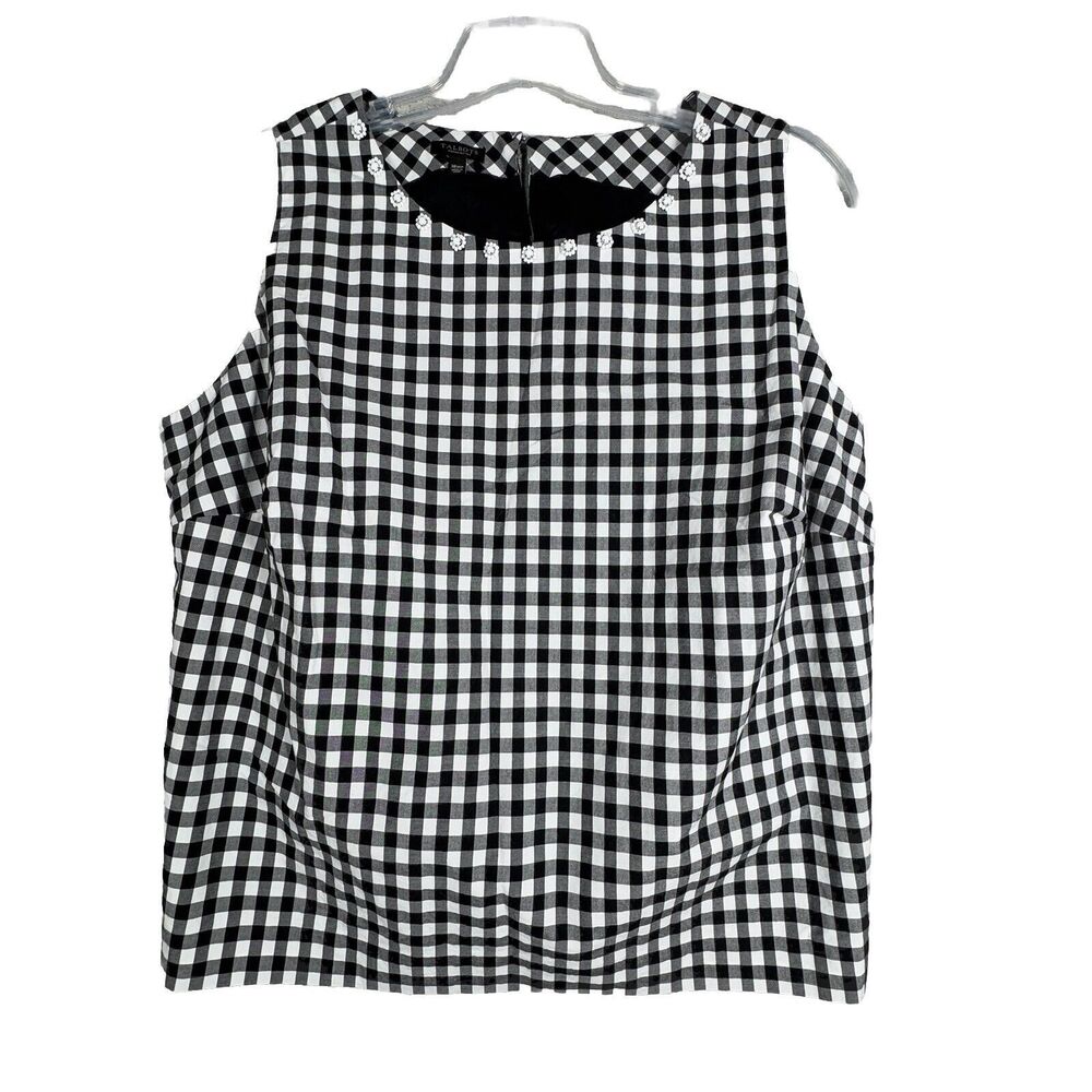 Talbots Shirt Women 18W Petite Black White Gingham Beaded Boho Cottagecore‎
